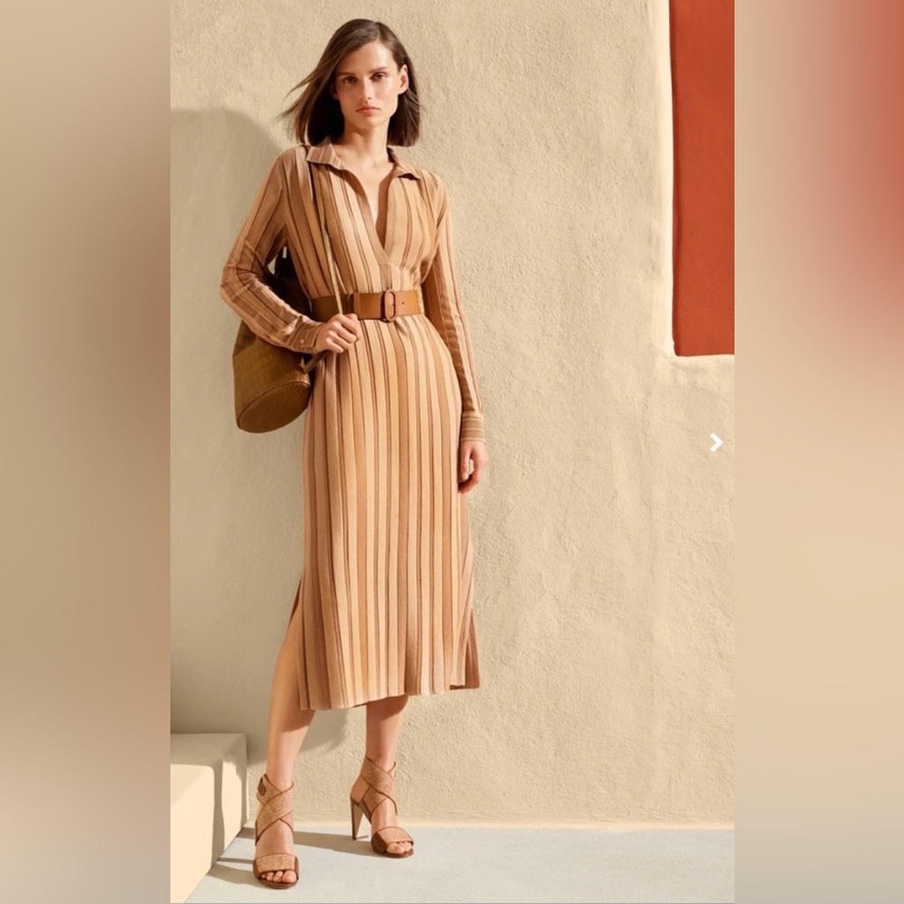 Loro Piana Essaouira Striped Long Sleeve Cashmere Midi Dress Sz Small Tan Brown